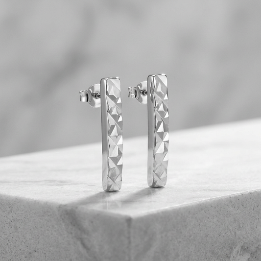 14k white gold textured bar earrings by Avera Group, view 2
