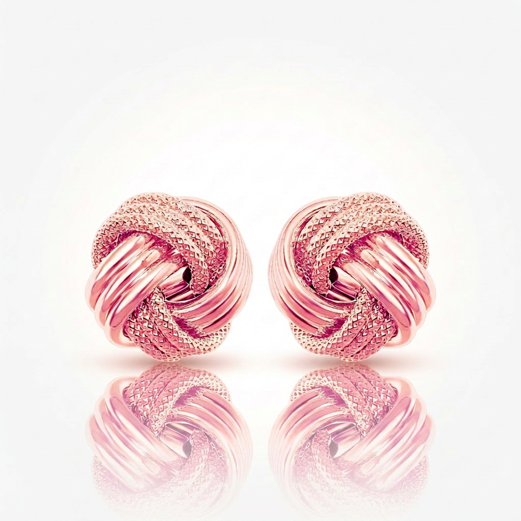 14k rose gold love knot earrings with ridge texture by Avera Group, view 3