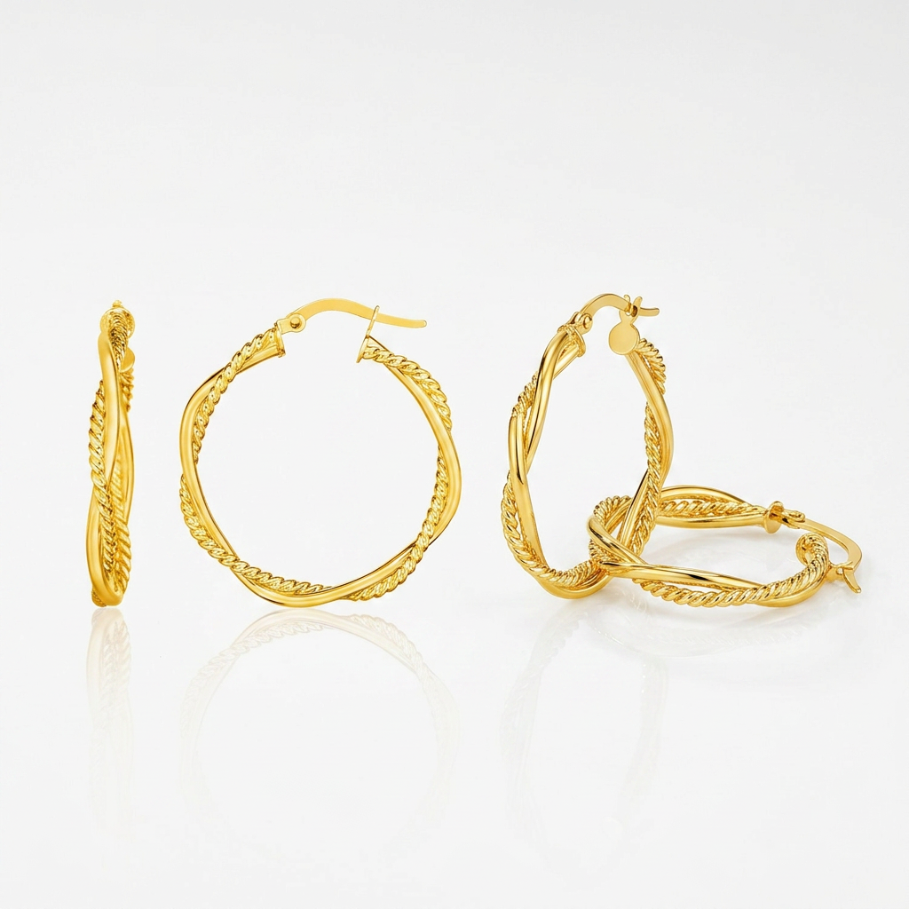 14k yellow gold two part textured twisted round hoop earrings, Avera Group, view 4
