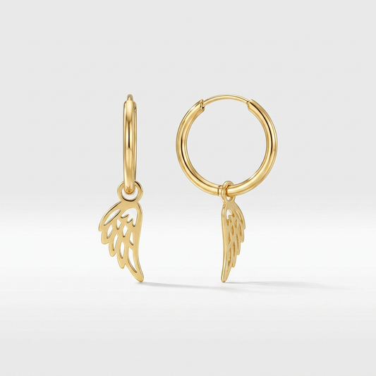 14k yellow gold hoop earrings with angel wings, Avera Group, view 2