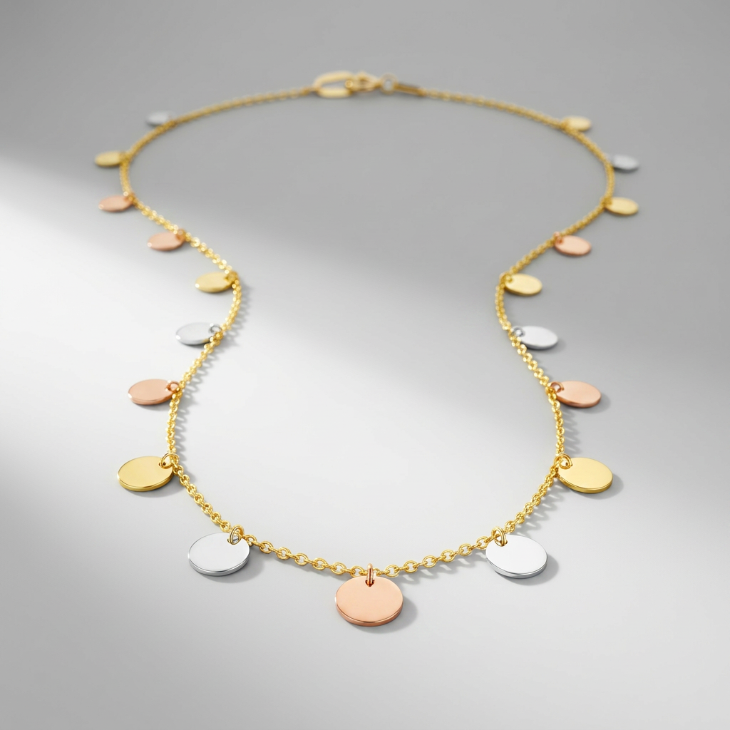 14k tri-color gold necklace with dangling circles by Avera Group, view 4