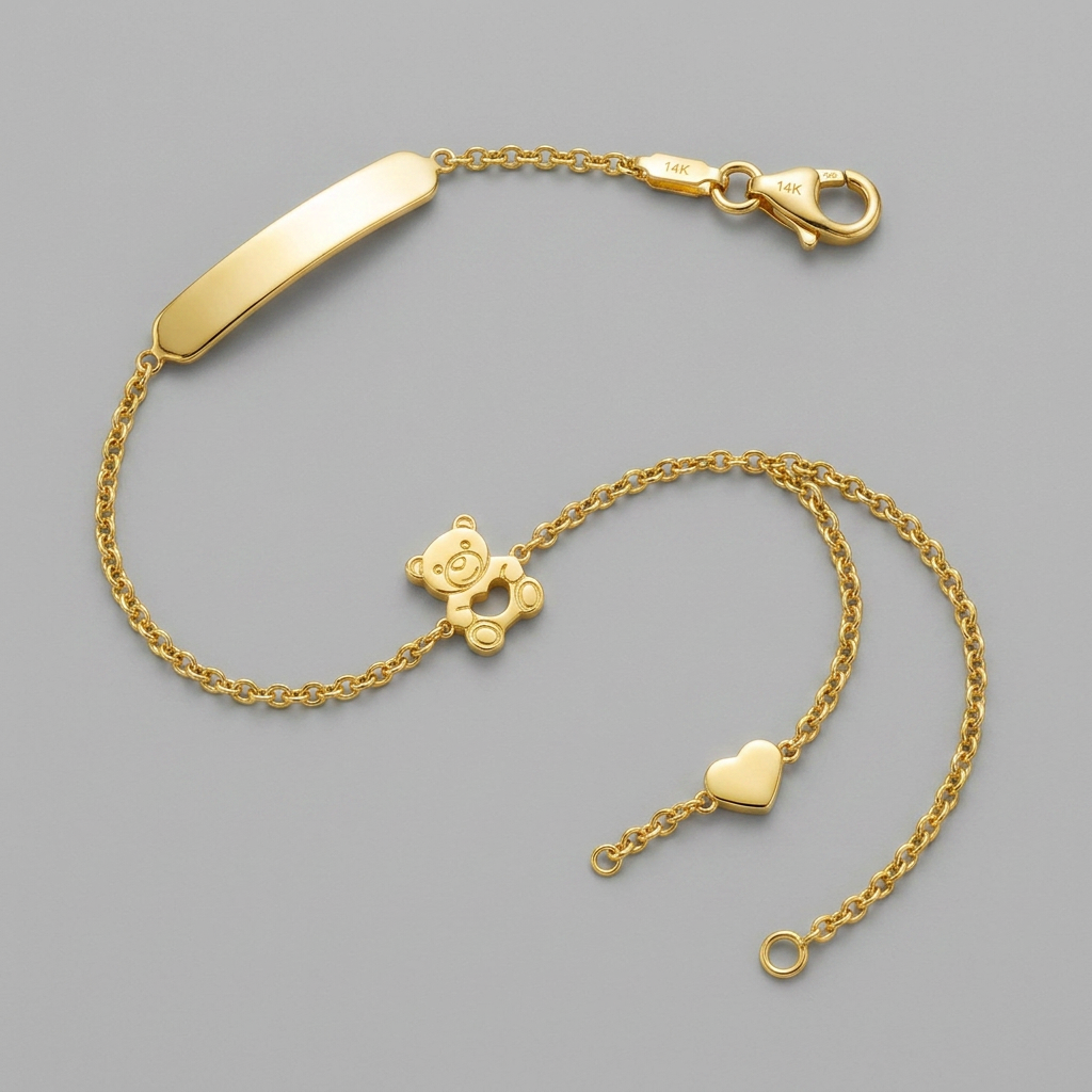 14k yellow gold children's bracelet with teddy bear, heart and bar, Avera Group, view 4