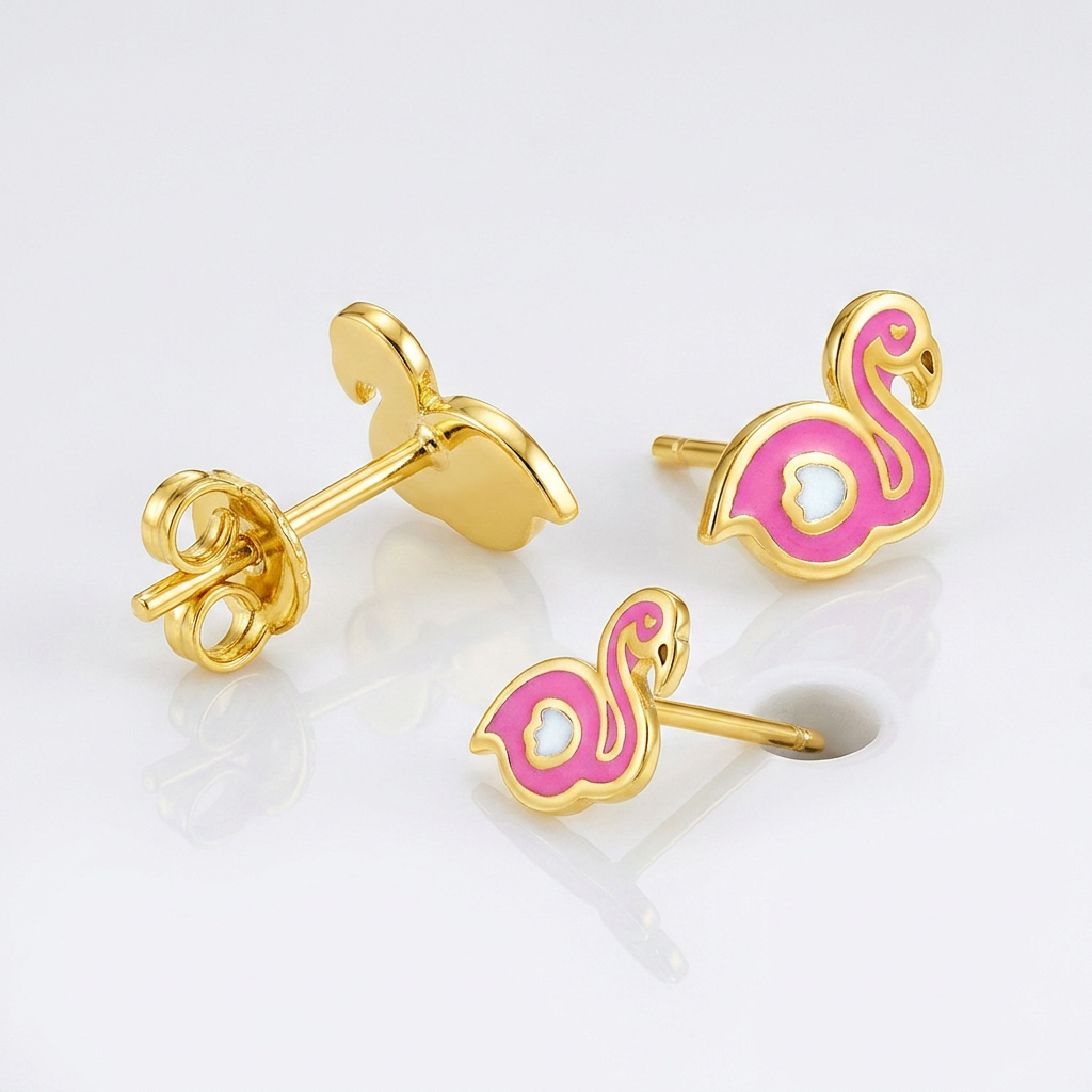Children's 14k yellow gold enameled flamingo earrings, Avera Group, view 4