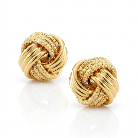 14k yellow gold interweaved love knot stud earrings, Avera Group, view 2