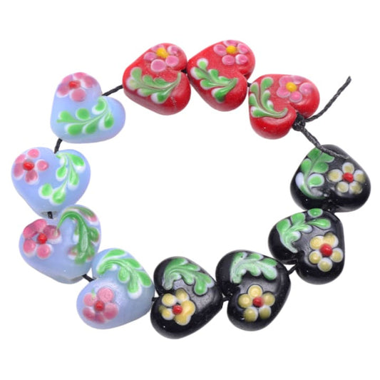 Lampwork Glass Heart Beads 14x16mm Floral Design - Mixed Colors 11 Piece Strand by Continental Bead Suppliers