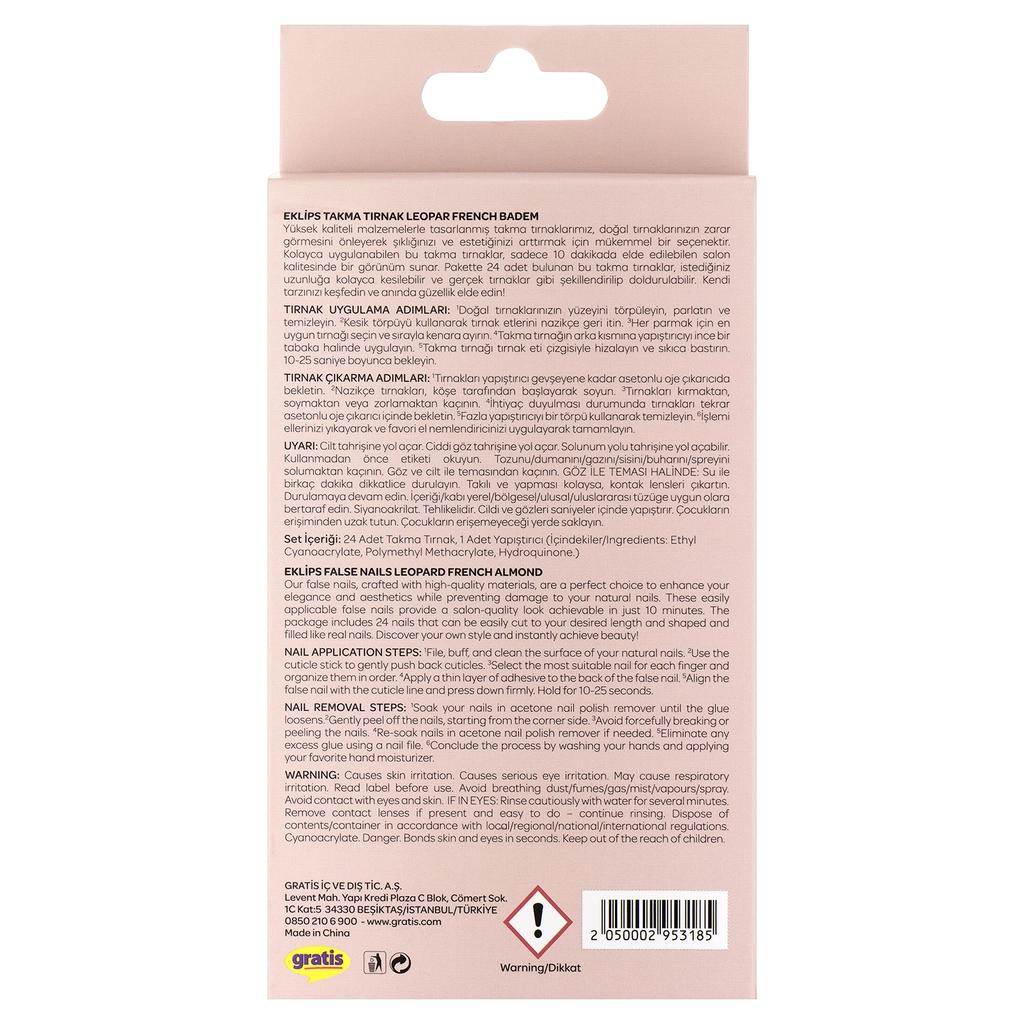 Eklips Leopard French Almond Artificial Nails 24 Count by Beauty Care Bag