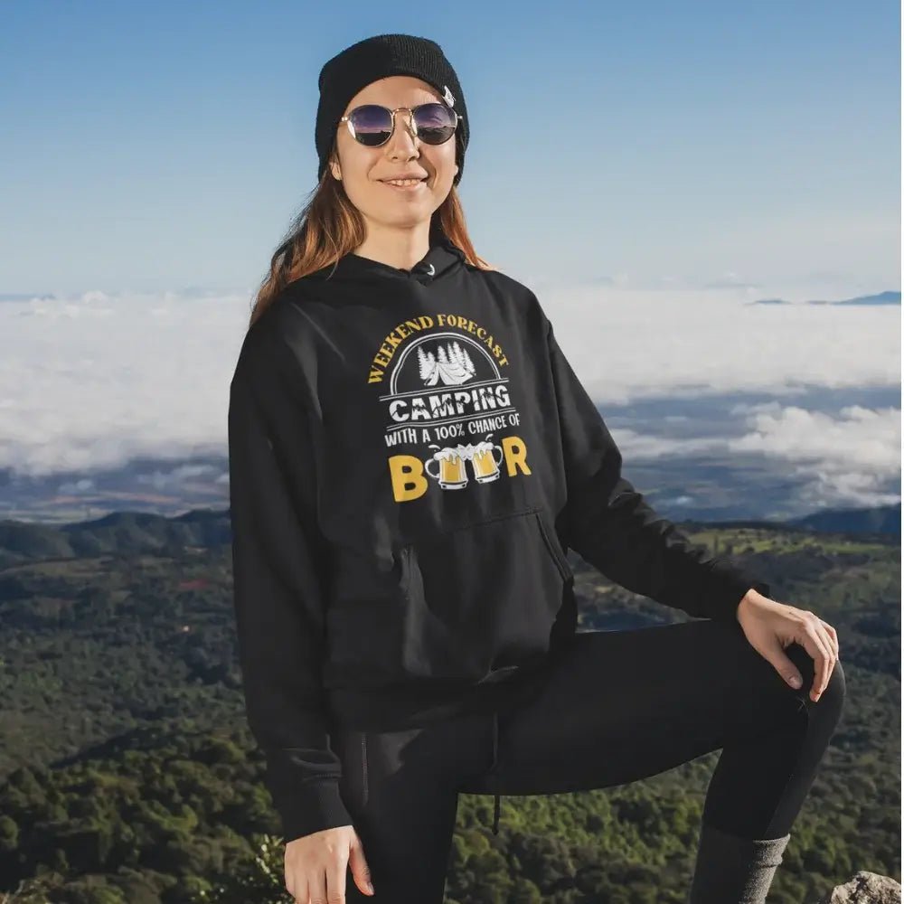Weekend Forecast, Camping with 100% Beer Adult Women Fleece Hoodie by Outdoorzees