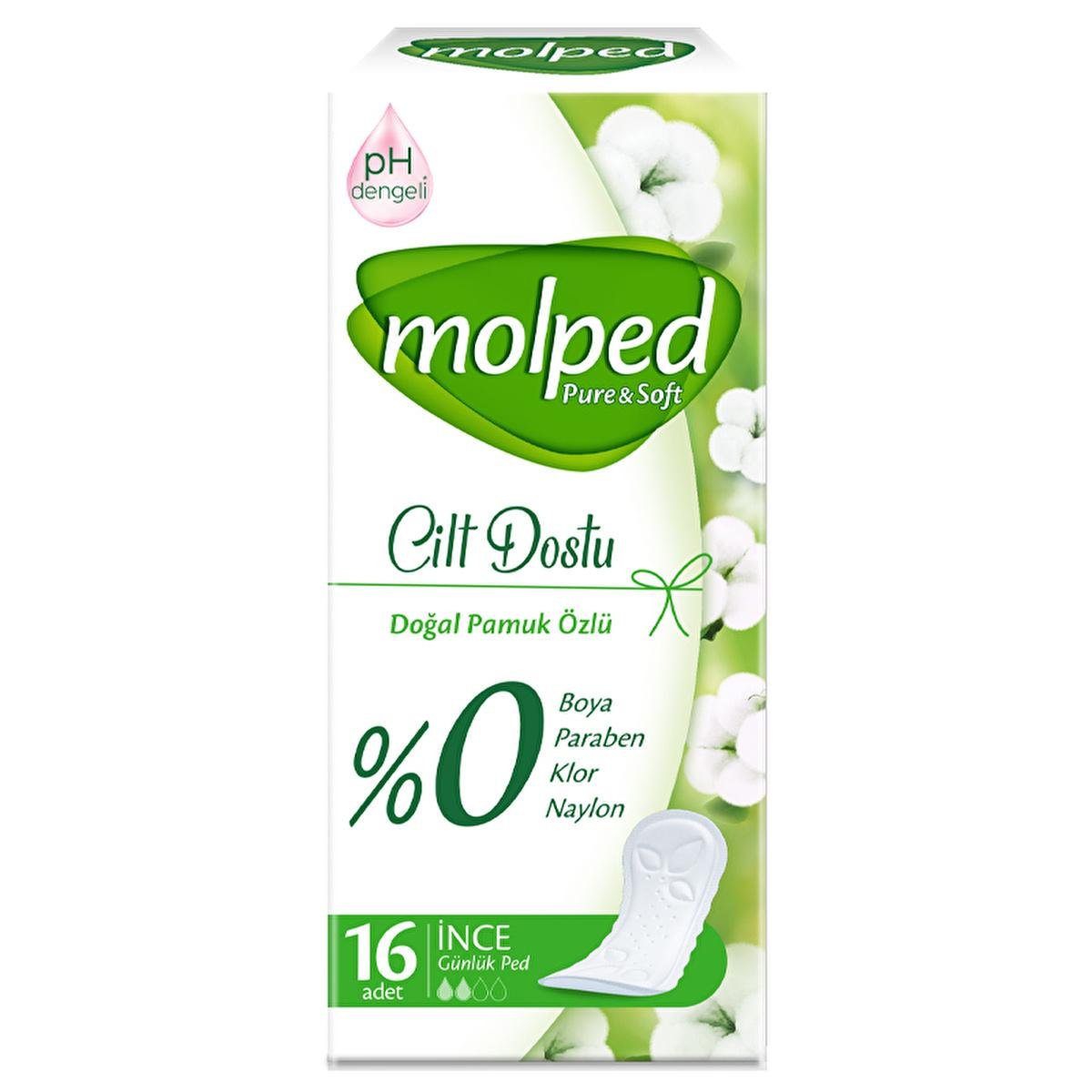 Molped Pure & Soft Daily Sanitary Pads - Natural, Hypoallergenic, pH Balanced - 16 CountHygiene ProductsTorqelo.com