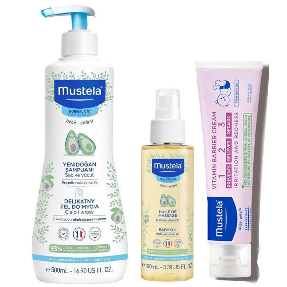 Mustela Favorite Baby Care Set Gentle Cleansing & Barrier Cream 3-Piece by Beauty Care Bag
