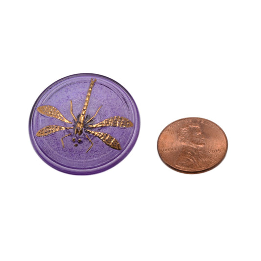 Czech Glass Dragonfly Button 31mm - Purple Lavender with Gold Foil Inlay by Continental Bead Suppliers