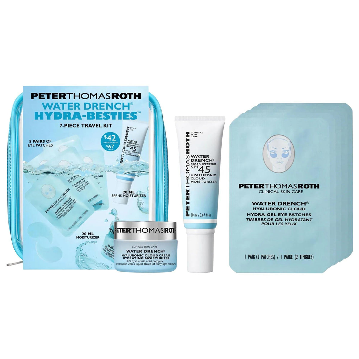 Water Drench: Travel Skincare Set - Hyaluronic Acid Hydration, SPF 45 Sunscreen, Eye Patches for Puffiness, Perfect On-the-Go. by Beauty Care Bag