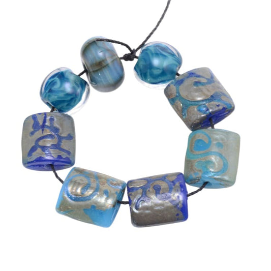 Ocean Wave Lampwork Glass Bead Strand - Blue Teal Silver Mixed Shapes 8 Beads by Continental Bead Suppliers