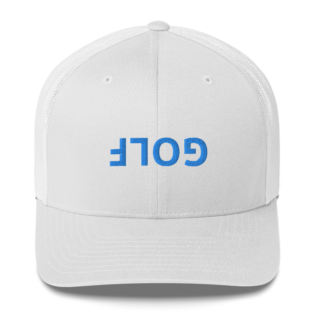 Upside Down Golf trucker cap with light blue logo and mesh back