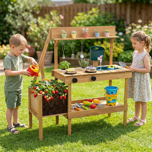 Wooden Mud Kitchen with Planter Box for KidsPlay KitchenTorqelo.com