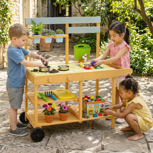 Wooden Outdoor Mud Kitchen for Kids with Wheels - YellowPlay KitchenTorqelo.com