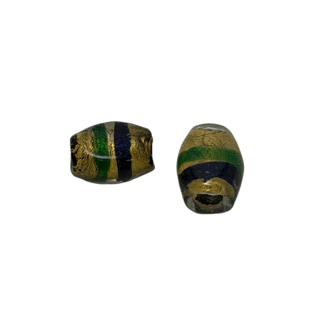 Lampwork Glass Beads with Gold Leaf - Green Blue Clear 14mm Barrel Shape by Continental Bead Suppliers