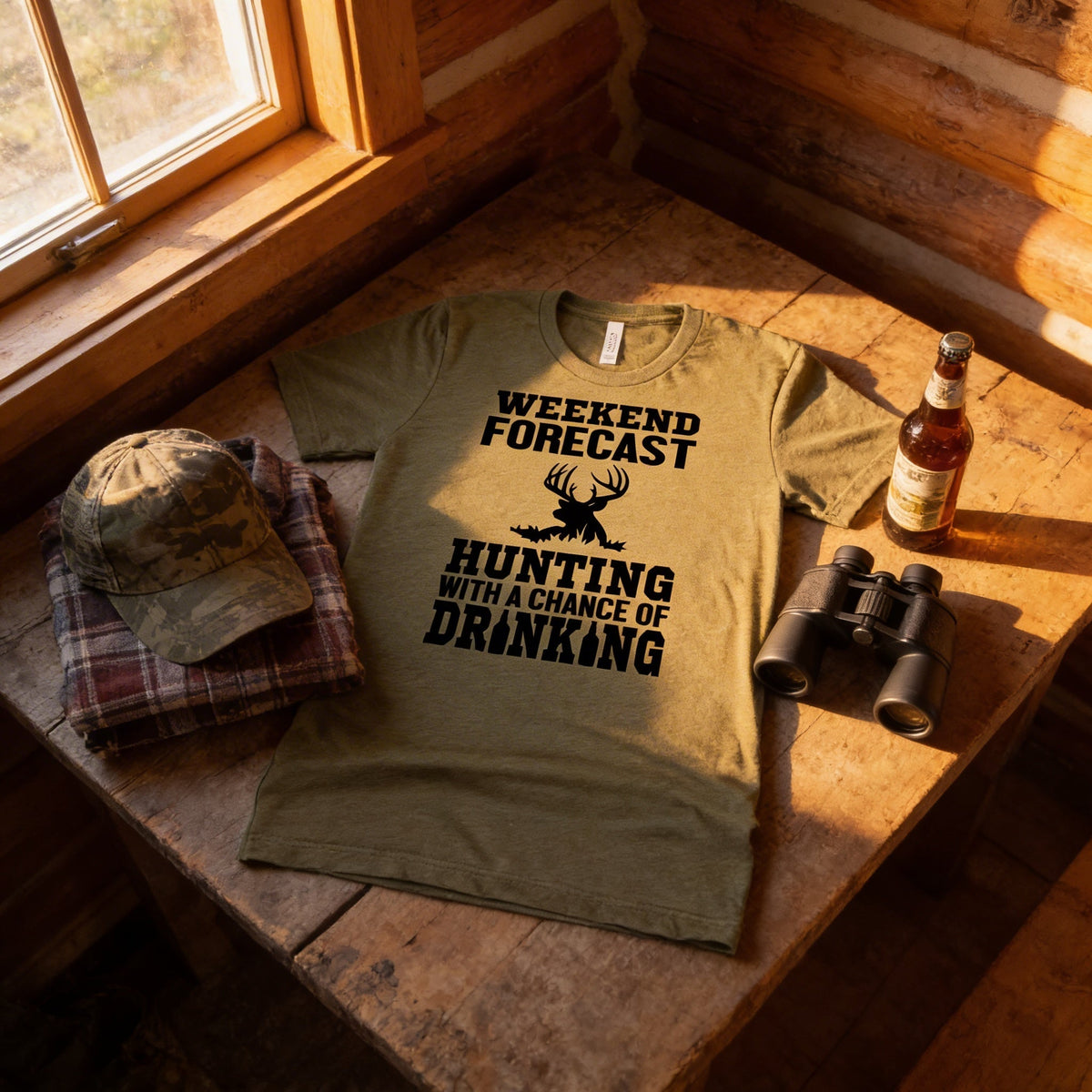 Hunting Gift for Men - Hunting with a chance of Drinking T-shirt - Funny Mens Shirt by Joyful Moose