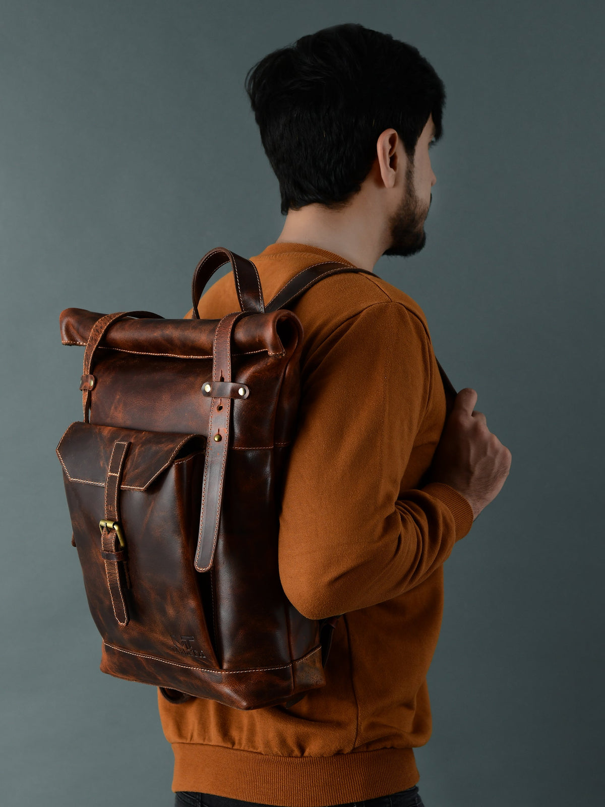 Brown Saddleback Backpack- Roll Top by Classy Leather Bags