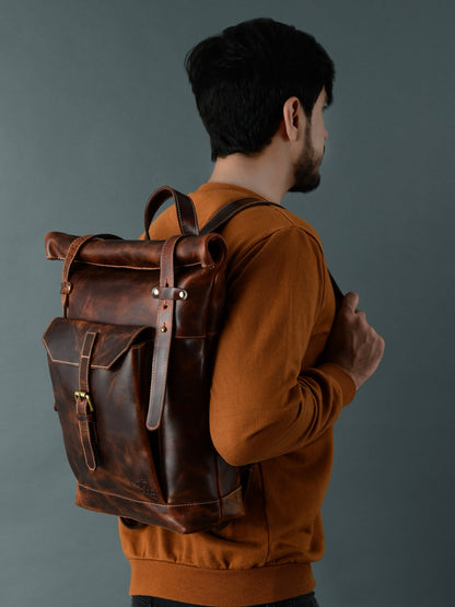 Brown Saddleback Backpack- Roll Top by Classy Leather Bags