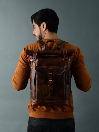Brown Saddleback Backpack- Roll Top by Classy Leather Bags