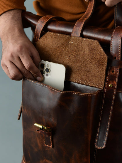 Brown Saddleback Backpack- Roll Top by Classy Leather Bags