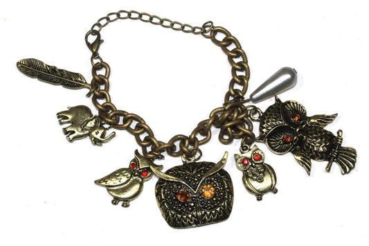 Owl, Elephant & Feather Charm Bracelet by Silver Hestia