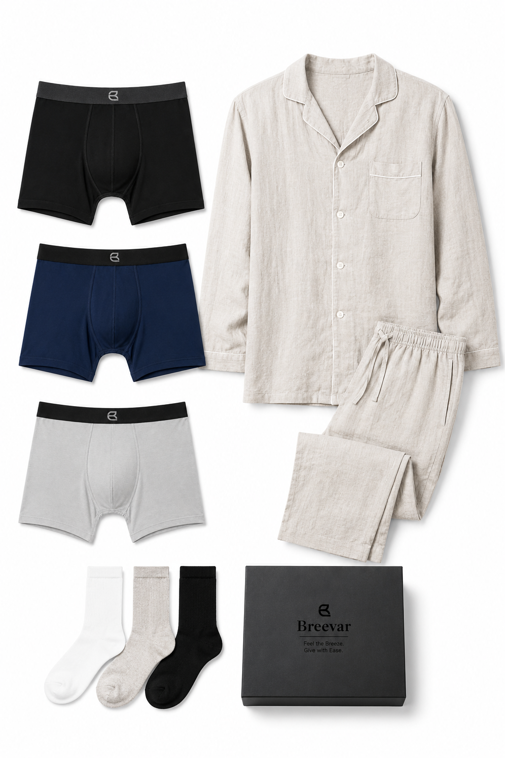 Men's Natural Comfort Complete Gift Set with Long-Sleeve Sleepwear, Boxer Brief and Socks by Breevar