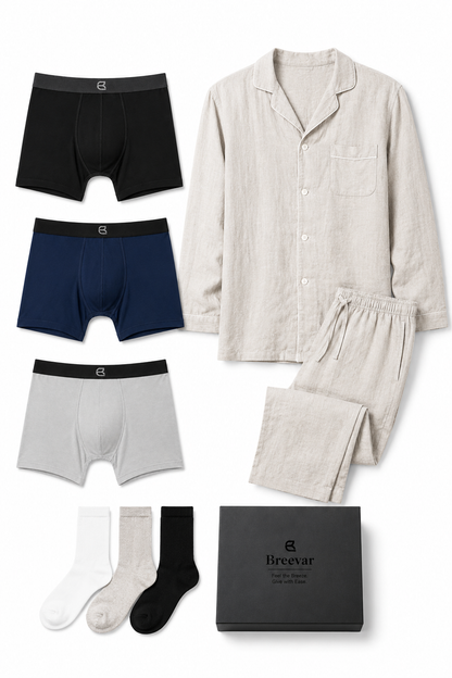Men's Natural Comfort Complete Gift Set with Long-Sleeve Sleepwear, Boxer Brief and Socks by Breevar