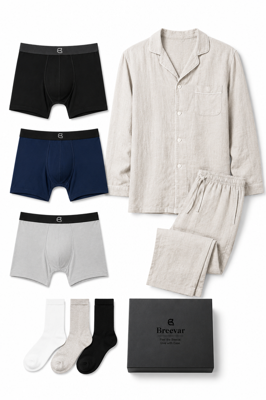 Men's Natural Comfort Complete Gift Set with Long-Sleeve Sleepwear, Boxer Brief and Socks by Breevar