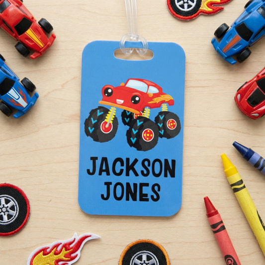 Boys Backpack Name Tag, Monster Truck School Bag Tag, Boy Back to School Gift by Joyful Moose