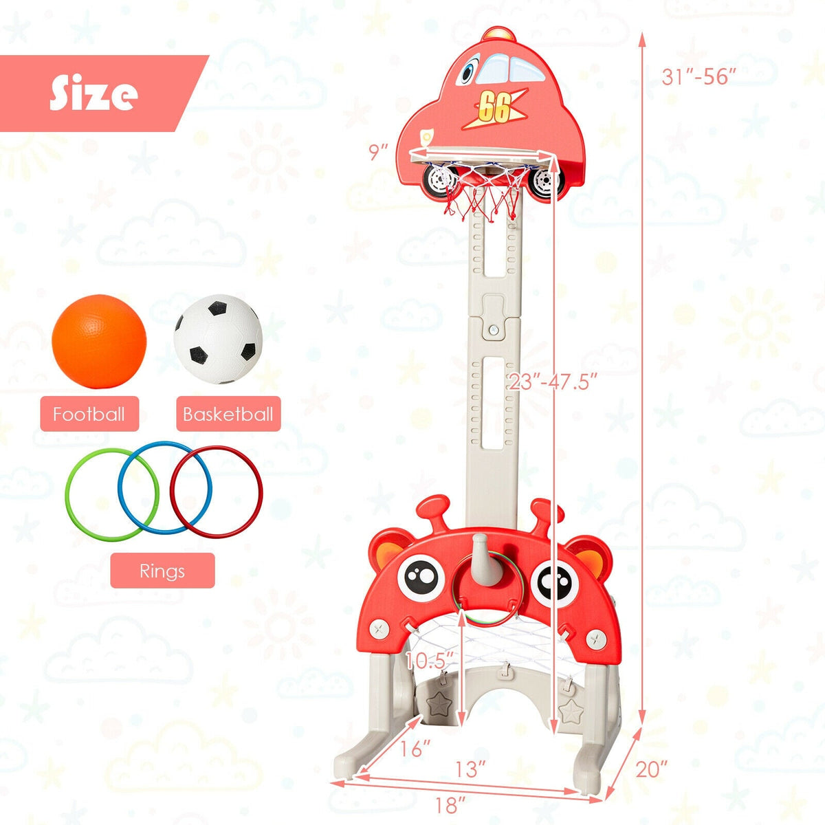 GBruno Store red car-style kids basketball and ring toss playset, view 5