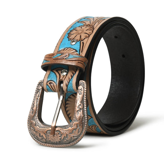 Western Cowboy Leather Belt - Blue & Brown by Classy Leather Bags