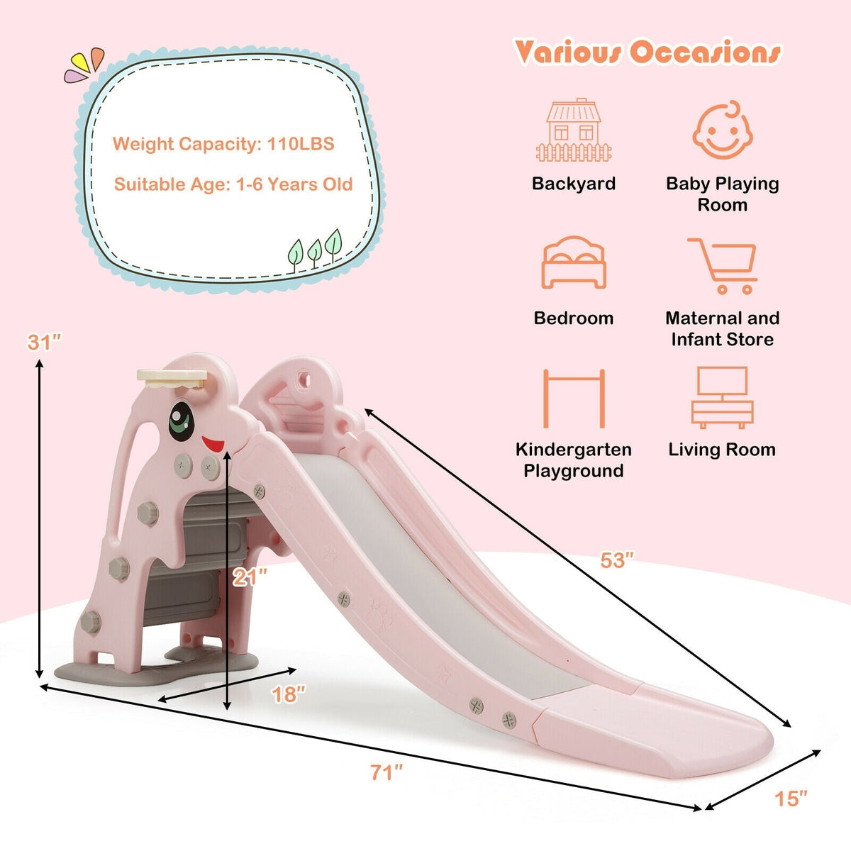 GBruno Store cartoon-shaped kids slide with basketball hoop, view 9
