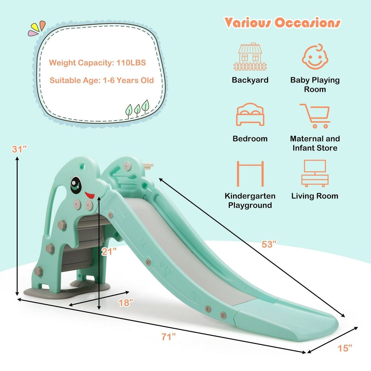 GBruno Store cartoon-shaped kids slide with basketball hoop, view 10