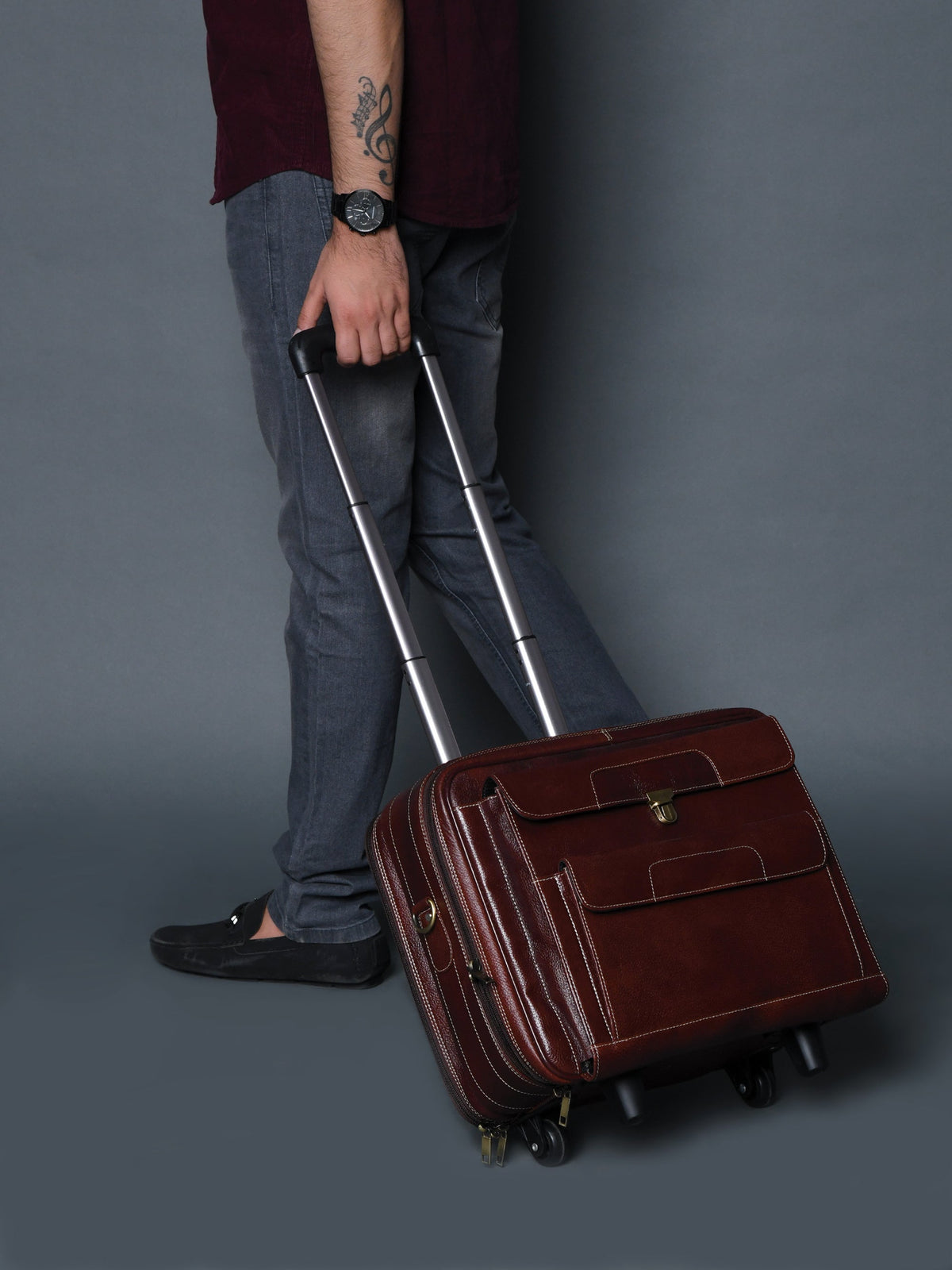 Wanderer Leather Trolly Suitcase Bag by Classy Leather Bags