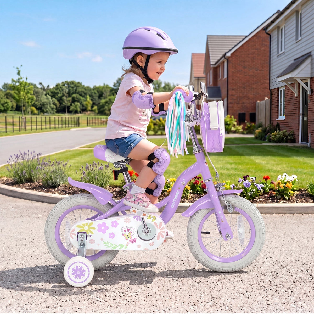 12-inch girls bike with front bag and training wheels, GBruno Store