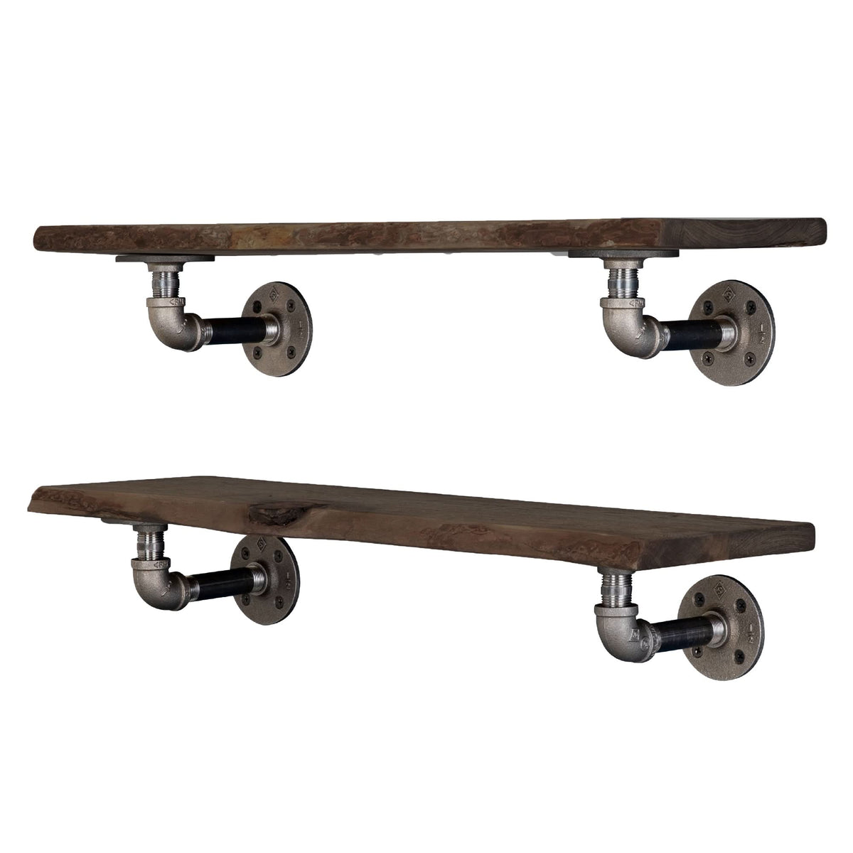 PIPE DECOR 24 in. Trail Brown live edge wood shelf with L-shaped pipe brackets