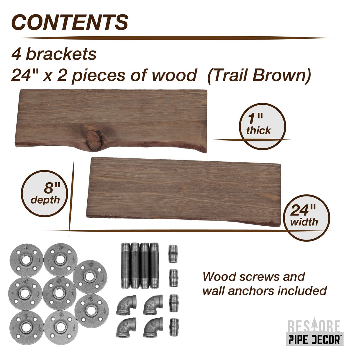 PIPE DECOR 24 in. Trail Brown live edge wood shelf with L-shaped pipe brackets, view 2
