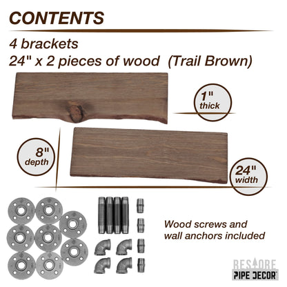 PIPE DECOR 24 in. Trail Brown live edge wood shelf with L-shaped pipe brackets, view 2