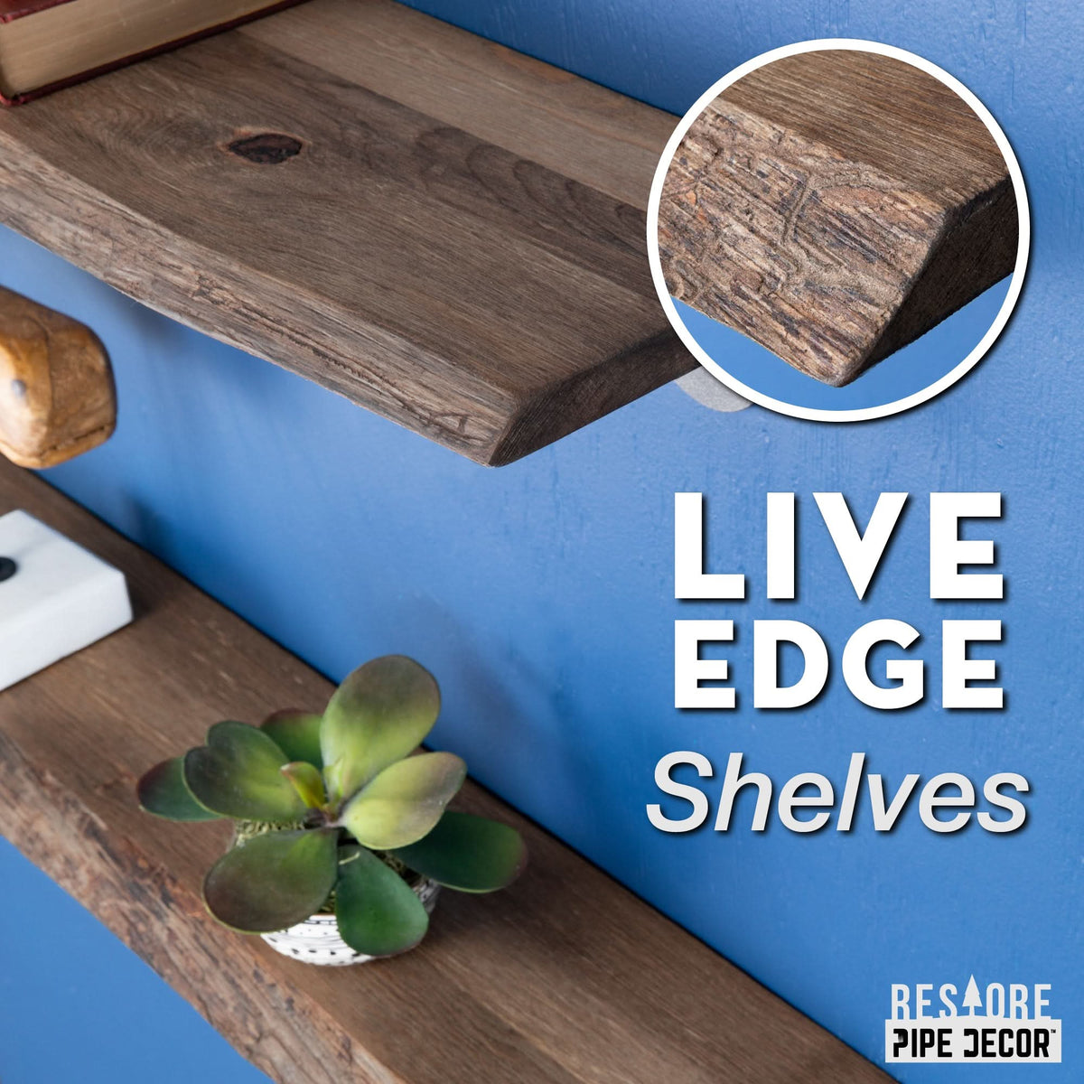 PIPE DECOR 24 in. Trail Brown live edge wood shelf with L-shaped pipe brackets, view 5