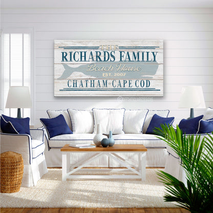 Beach House Family Name Whale Sign | Personalized Beach House Canvas Wall Decor by Off The Square Designs