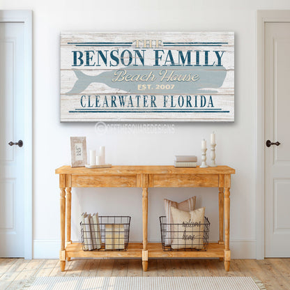 Beach House Family Name Whale Sign | Personalized Beach House Canvas Wall Decor by Off The Square Designs