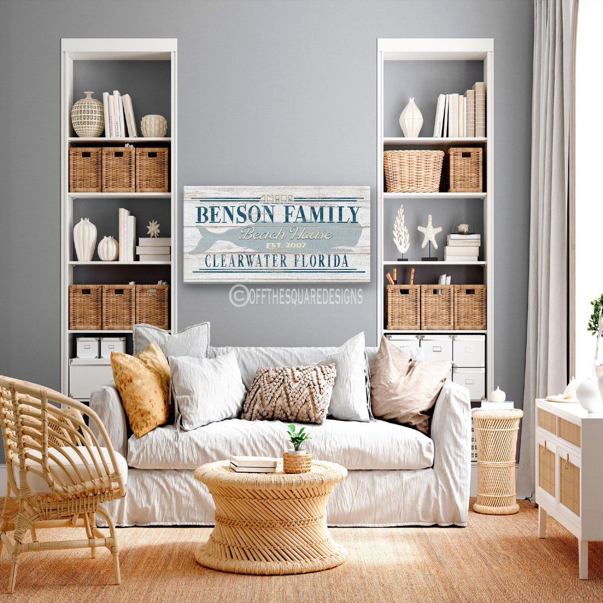 Beach House Family Name Whale Sign | Personalized Beach House Canvas Wall Decor by Off The Square Designs