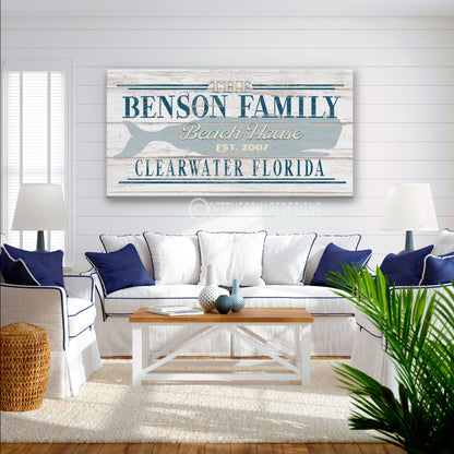 Beach House Family Name Whale Sign | Personalized Beach House Canvas Wall Decor by Off The Square Designs