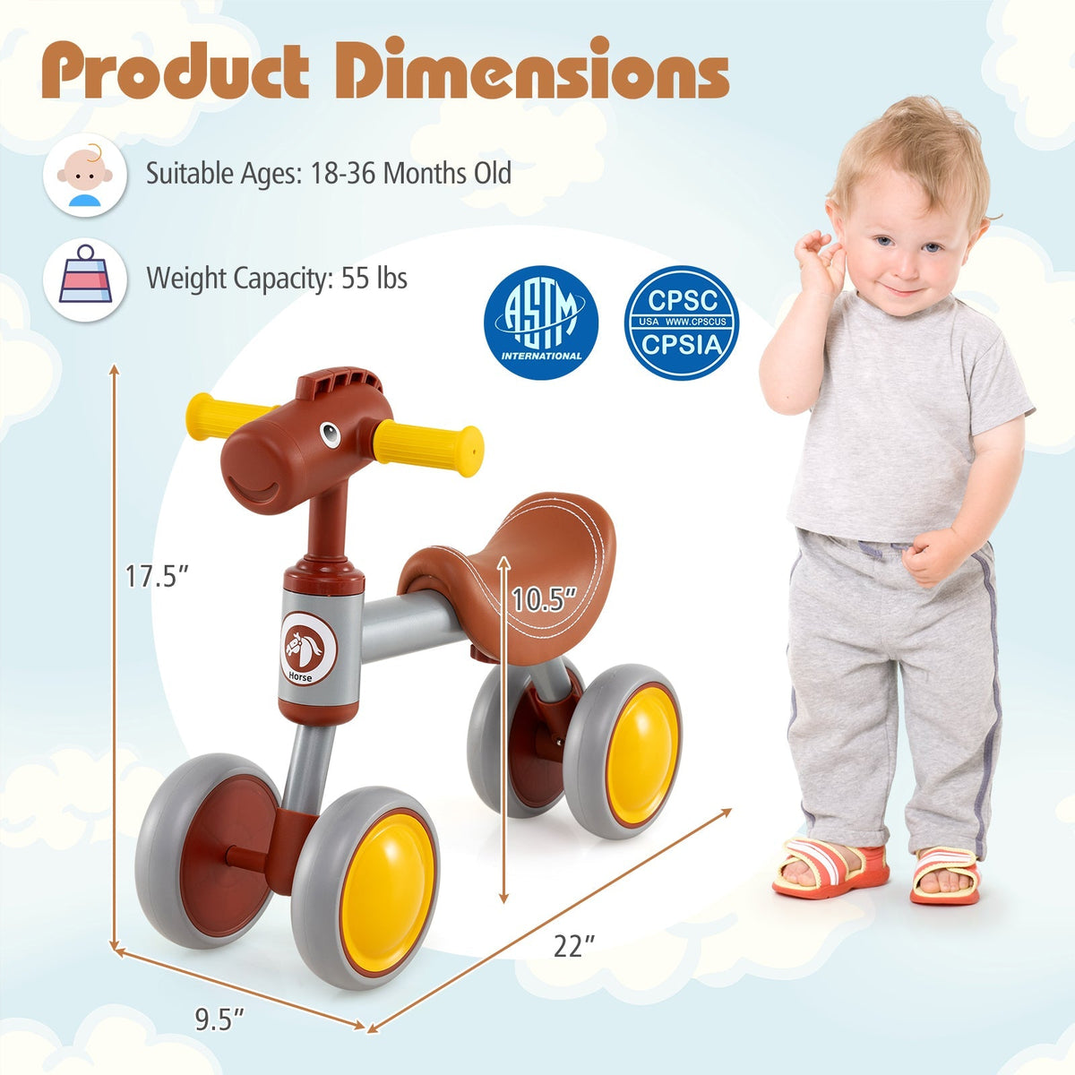 Baby Balance Bike No Pedal 4-Wheel Bicycle-Brown by GBruno Store