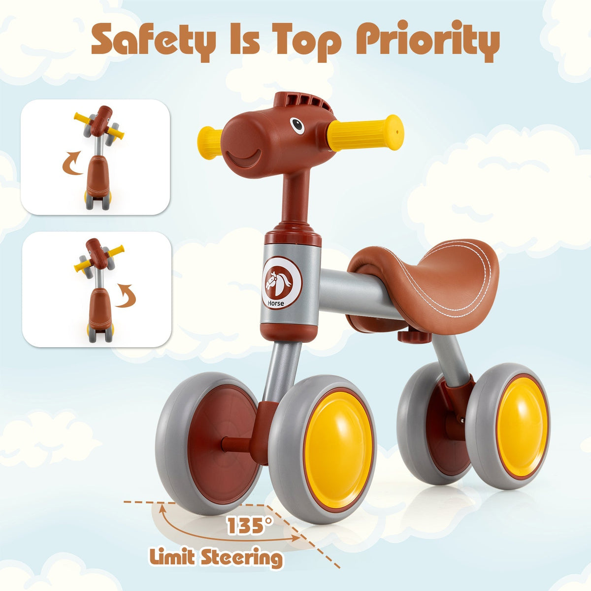 Baby Balance Bike No Pedal 4-Wheel Bicycle-Brown by GBruno Store