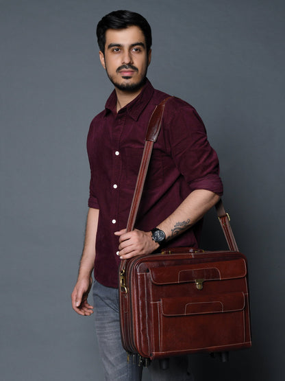 Wanderer Leather Trolly Suitcase Bag by Classy Leather Bags
