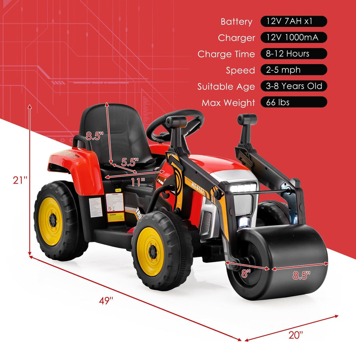 12V kids ride-on road roller with remote control, GBruno Store, view 3