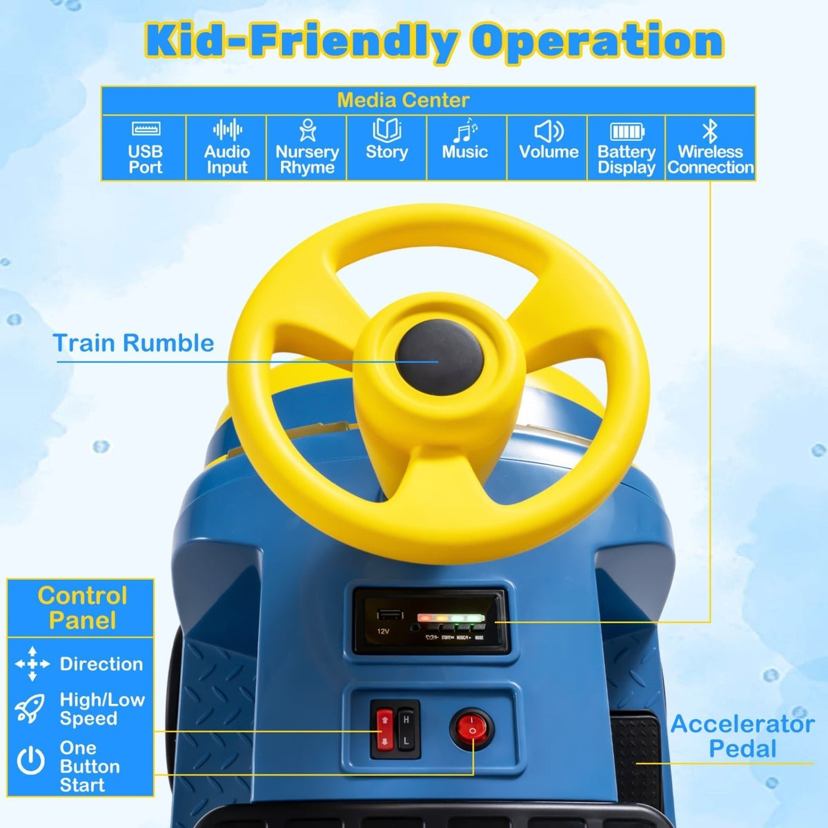 12V Kids Ride-On Train with Adjustable Seat & MusicRide-On ToyTorqelo.com
