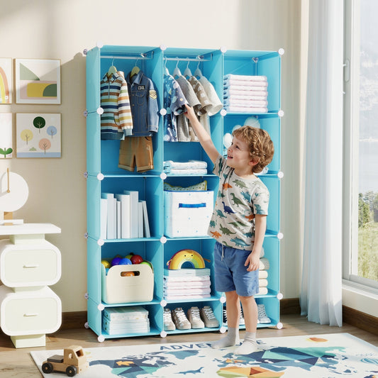 13-cube modular kids wardrobe with hanging rod and shelves, GBruno Store